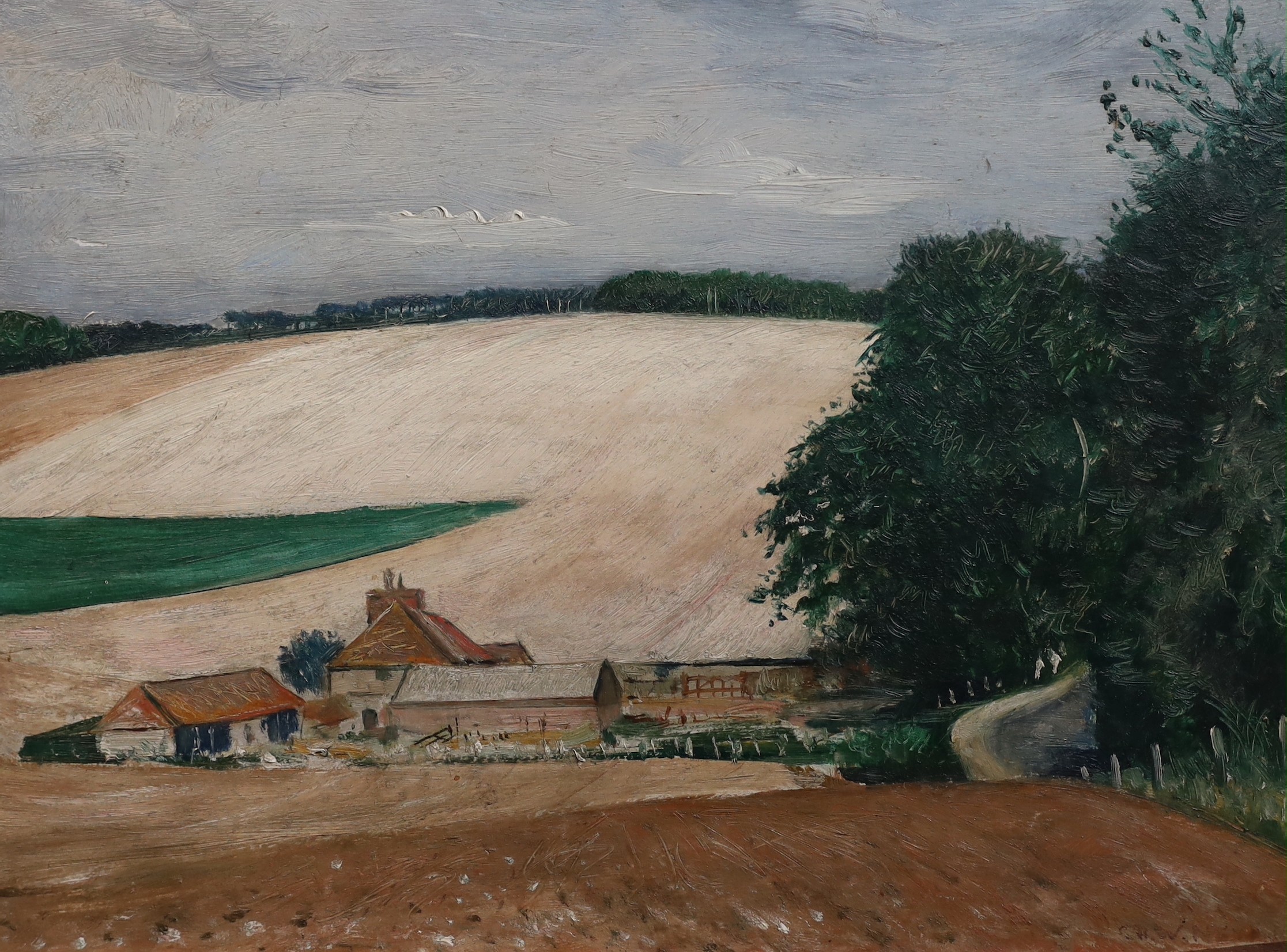 Christopher Richard Wynne Nevinson A.R.A. (British, 1889-1946), Farm in a landscape, oil on wooden panel, 30 x 40cm